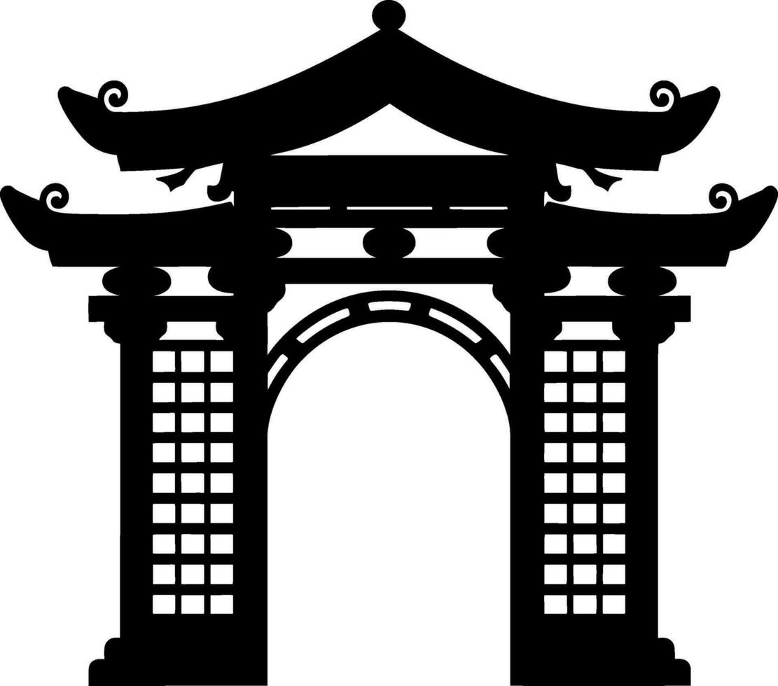 Chinese gate icon in the park black silhouette. AI generated illustration. vector