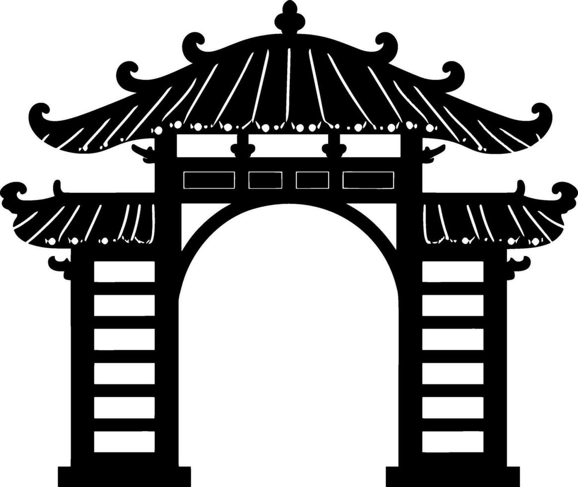 Chinese gate icon in the park black silhouette. AI generated illustration. vector