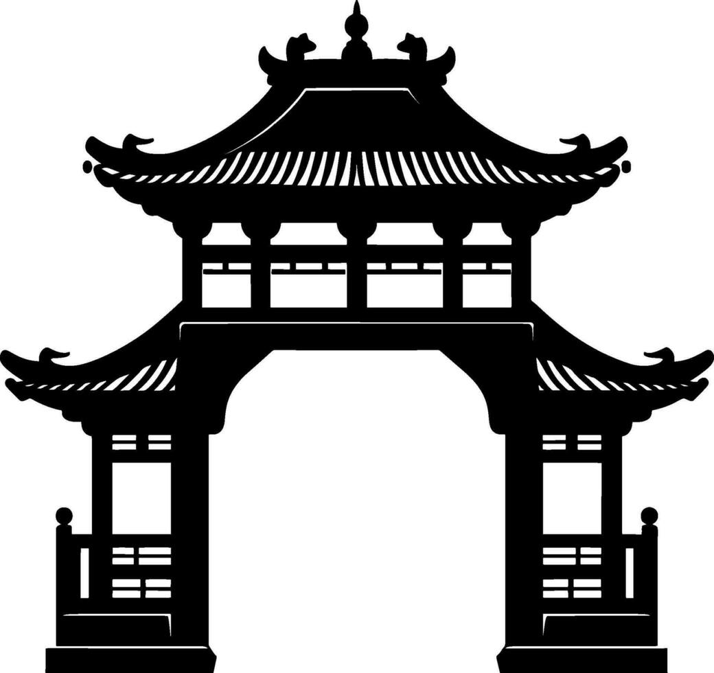 Chinese gate icon in the park black silhouette. AI generated illustration. vector