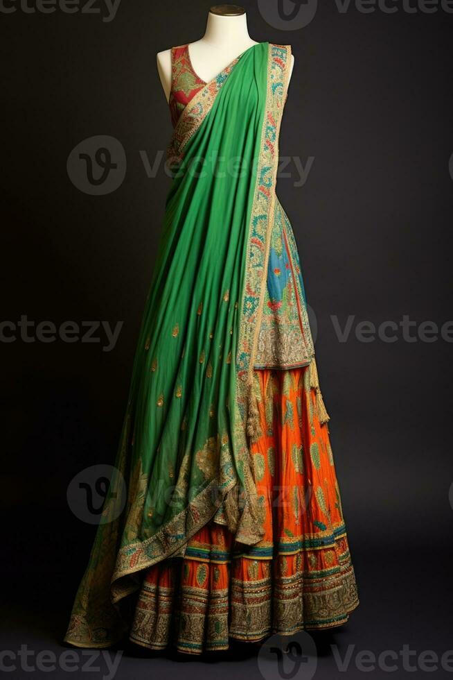 ai generado indio mujer vistiendo un vibrante naranja y verde vestir foto