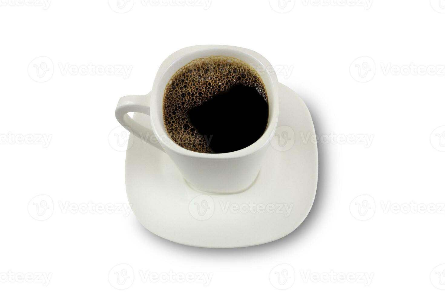 White cup of black coffee isolated on white background. View from above. photo