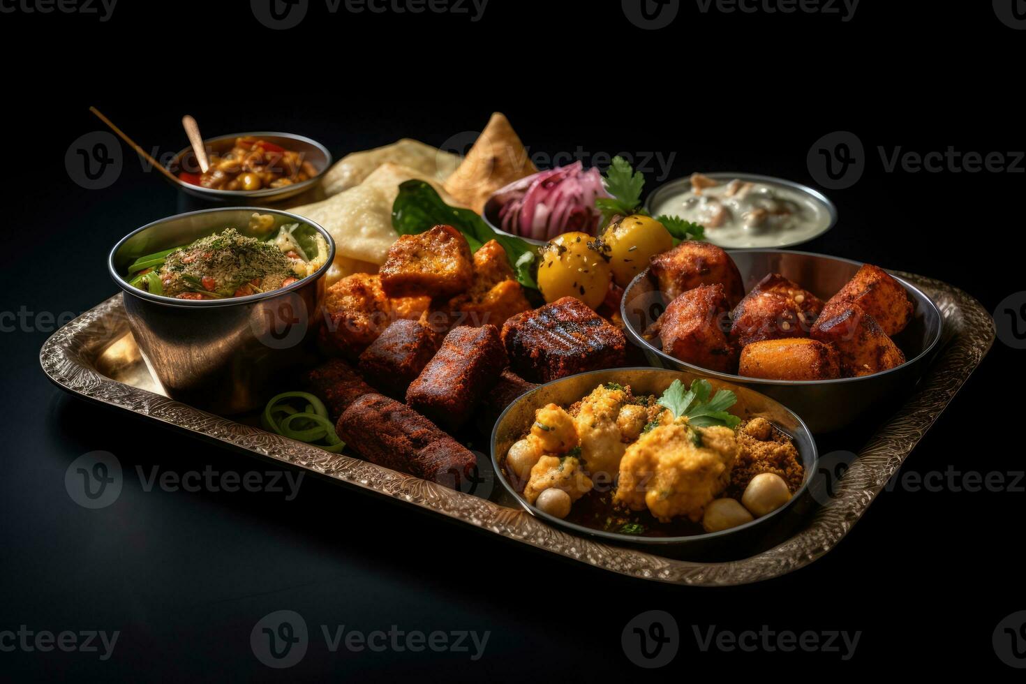AI generated A variety of delicious foods on a tray photo