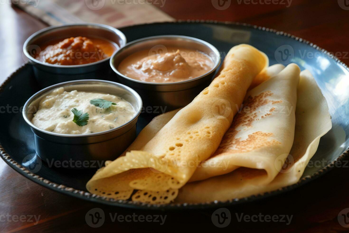 AI generated Variety of Foods on a Plate, including Uttapam with Dipping Sauces photo