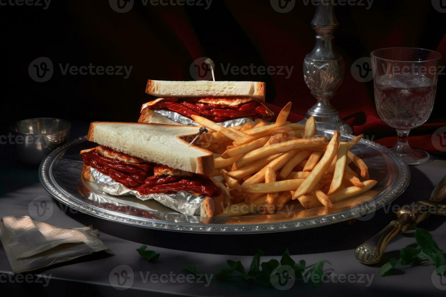 AI generated A delicious meal of two meat sandwiches and french fries served on a silver platter photo