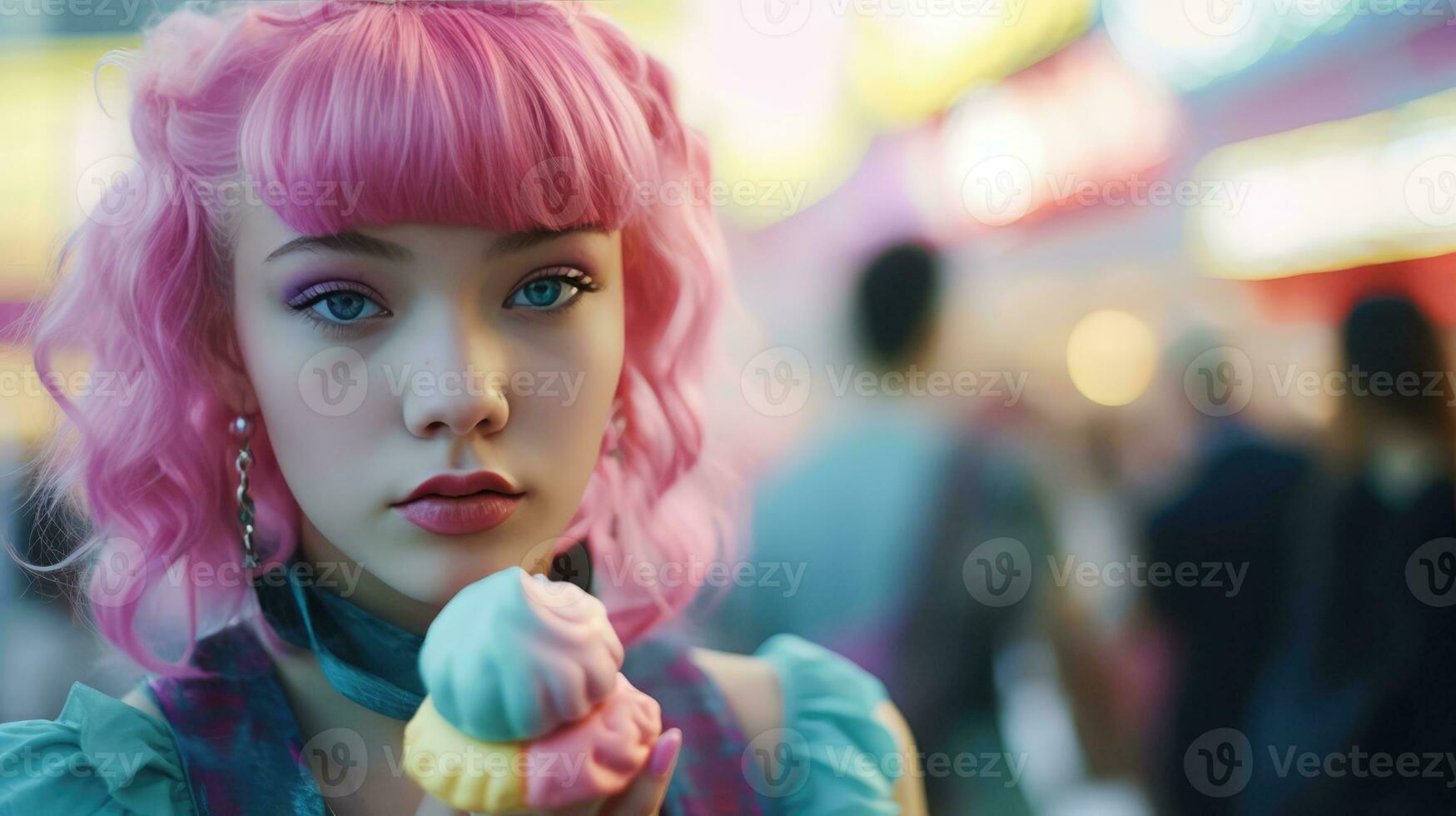 AI generated Captivating lady with pink hair holding an ice cream cone photo