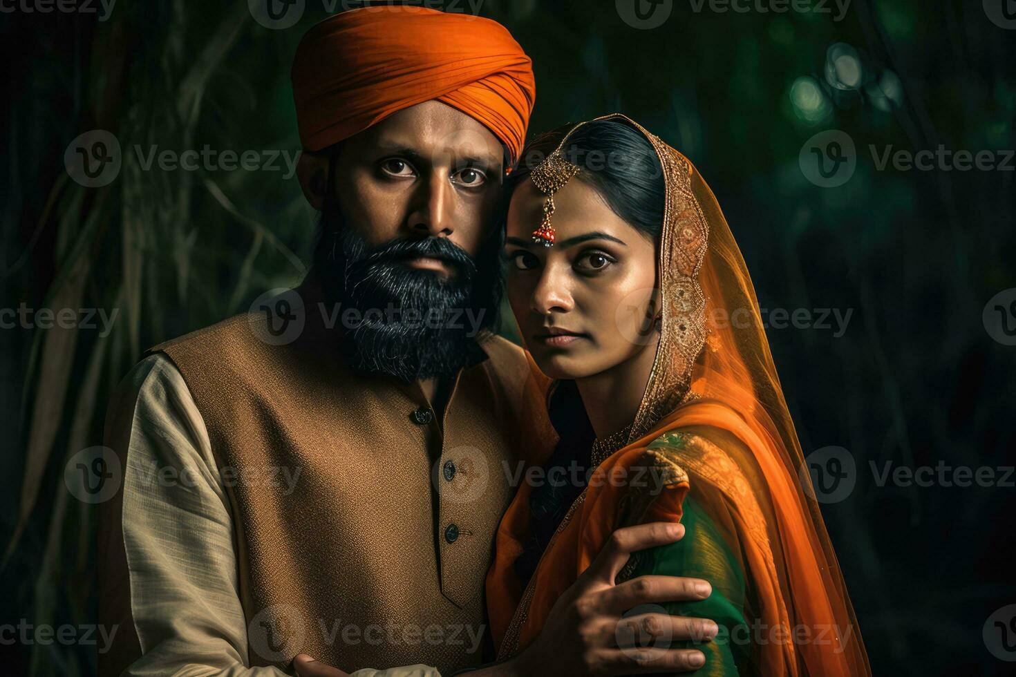 AI generated A couple with traditional Indian attire, embracing each other in a forest setting. photo