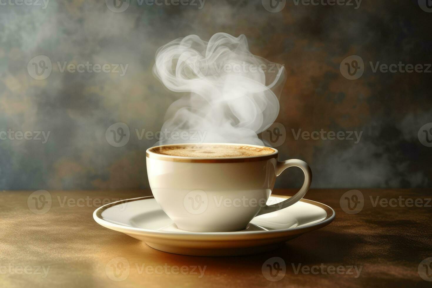 AI generated Steaming Cup of Coffee on a Gold Saucer photo