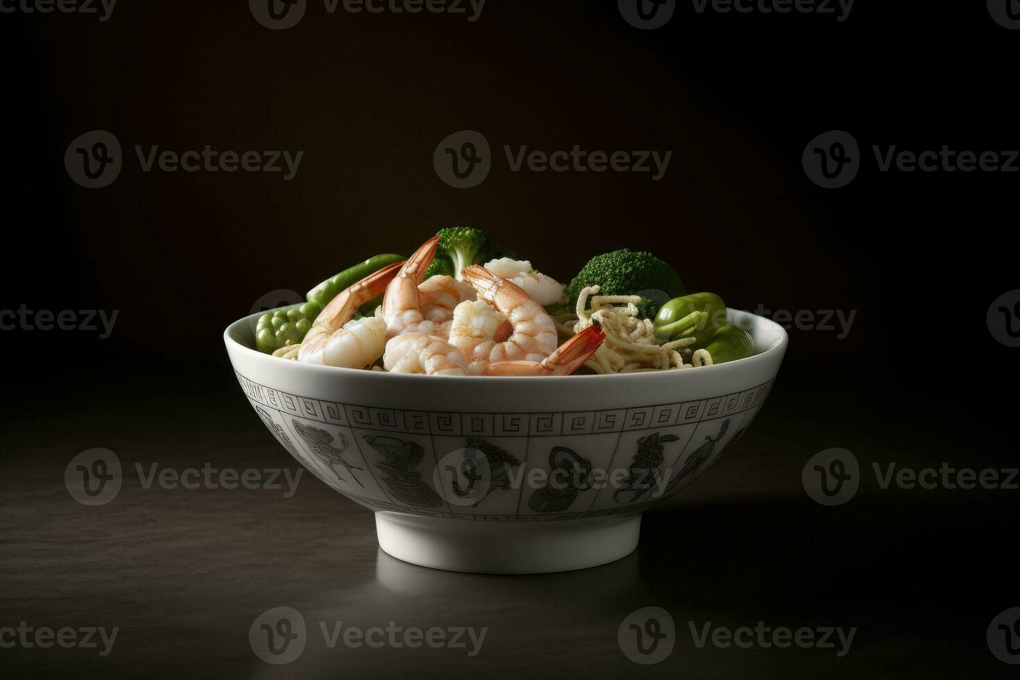 AI generated Freshly Prepared Noodle and Seafood Bowl photo