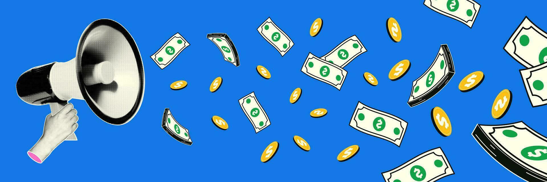 Financial announcement. Hand with loudspeaker in retro collage style with halftone effect. Flying money, bills, coins. Advertising concept about money, investment, savings, business. vector