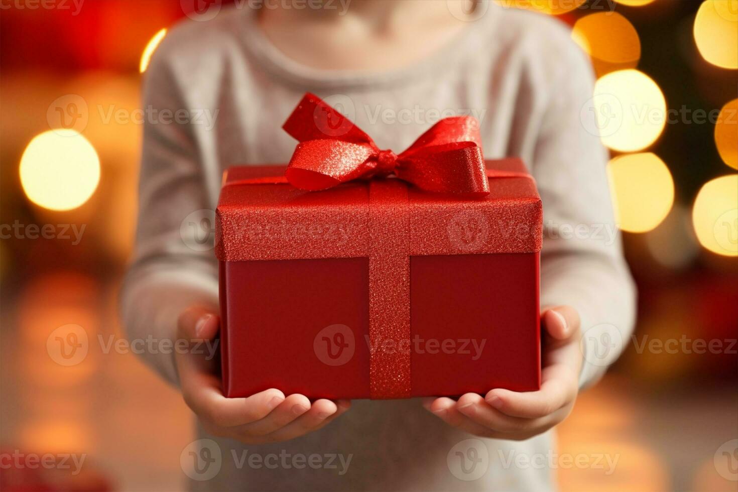 ai generado rojo regalo caja en el manos de un niño foto