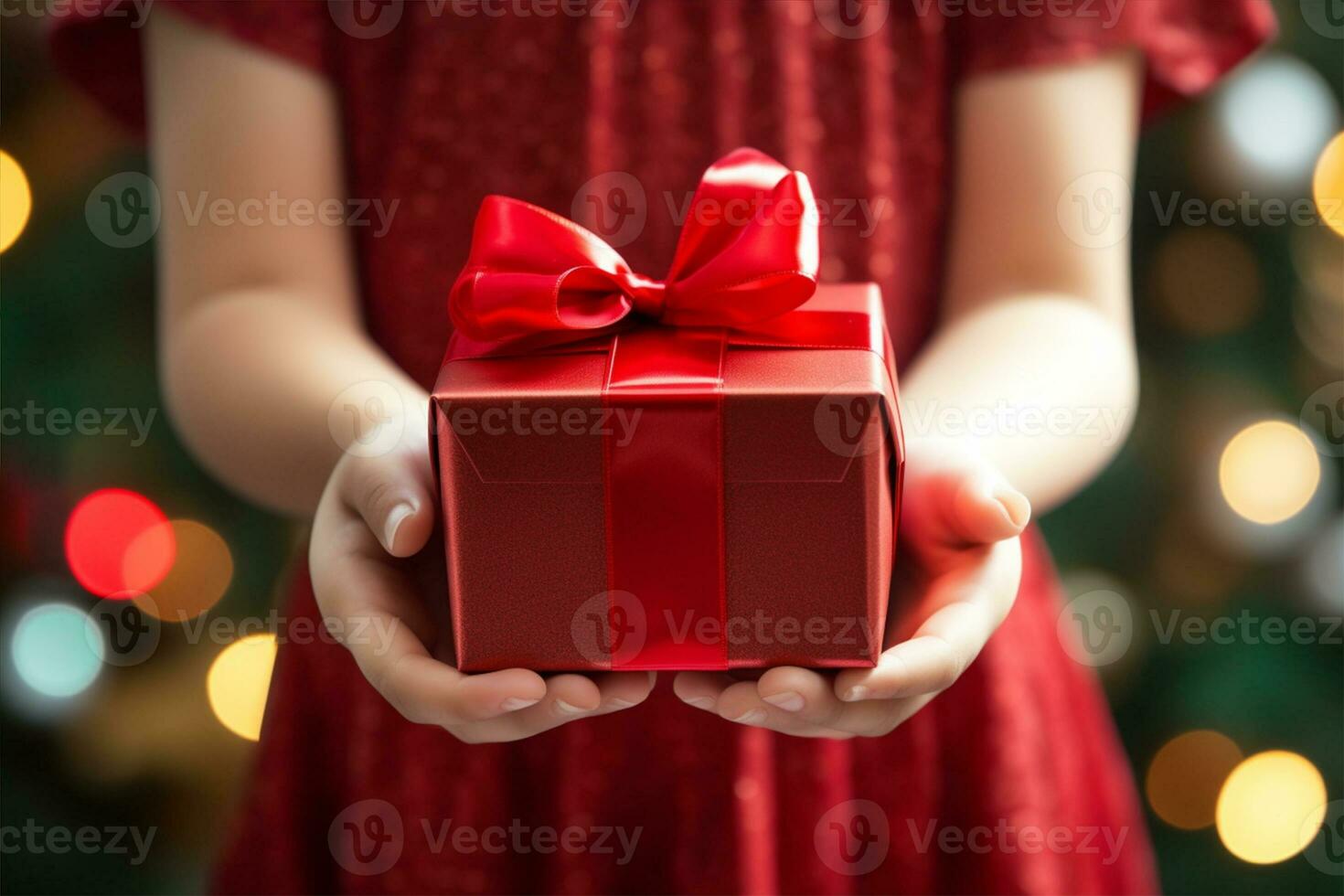 ai generado pequeño niña en un rojo vestir participación un regalo caja foto