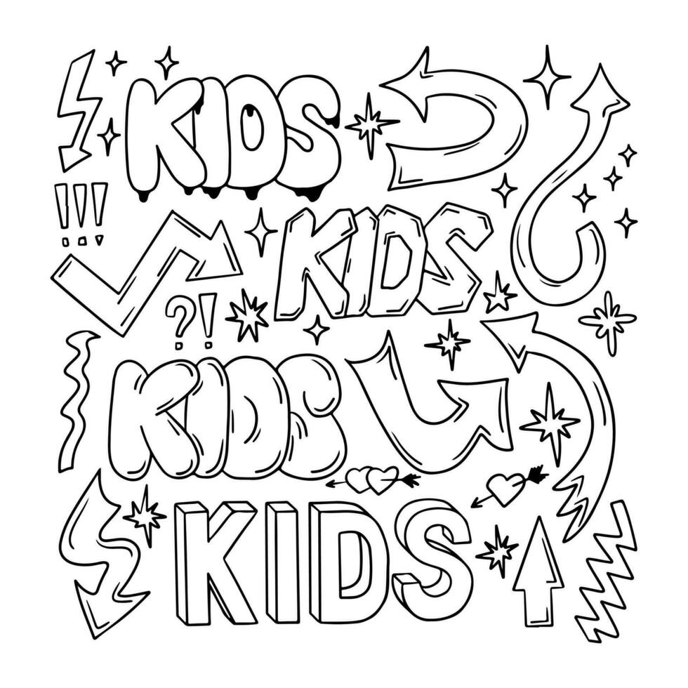 Outline doodle set with word Kids and arrows in retro 90s style. Collection of hand drawn words, arrows. Black contour sketchy signs and words in bubble, street style graffiti. Ideal for social media vector
