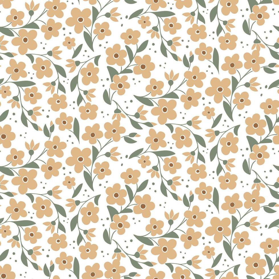Floral abstract pattern on white background in vintage colors. Hand drawn flat abstract flowers, leaves. Unique retro print design for textile, wallpaper, interior, wrapping paper vector