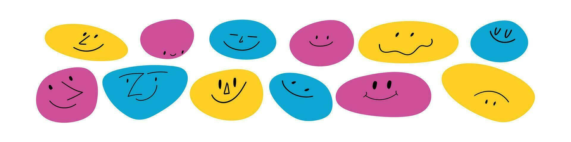 Happy face icon with smile, cheerful emojis and avatars stickers. Abstract cartoon character doodles in cute, retro style. Flat vector illustration isolated on white background.