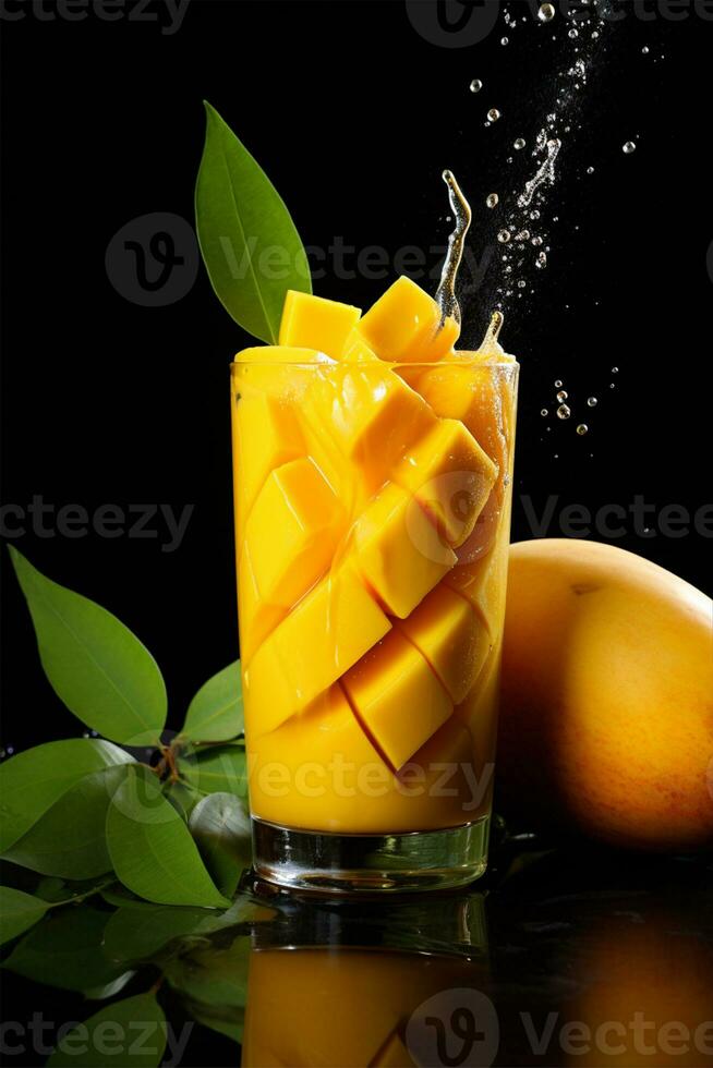 ai generado Fresco apetitoso mango jugo en un vaso en un negro antecedentes foto