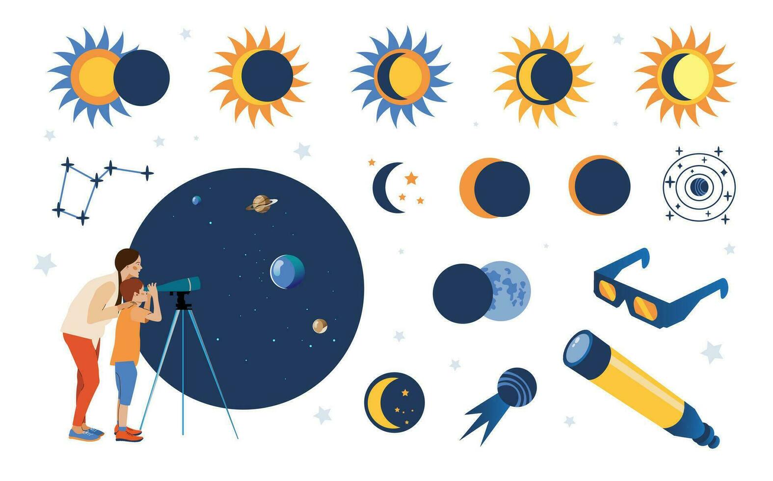 Solar Eclipse set.Vector flat style set of solar eclipse elements for infographic. Illustration in flat style for kids education at school, stickers, scrapbooking. vector