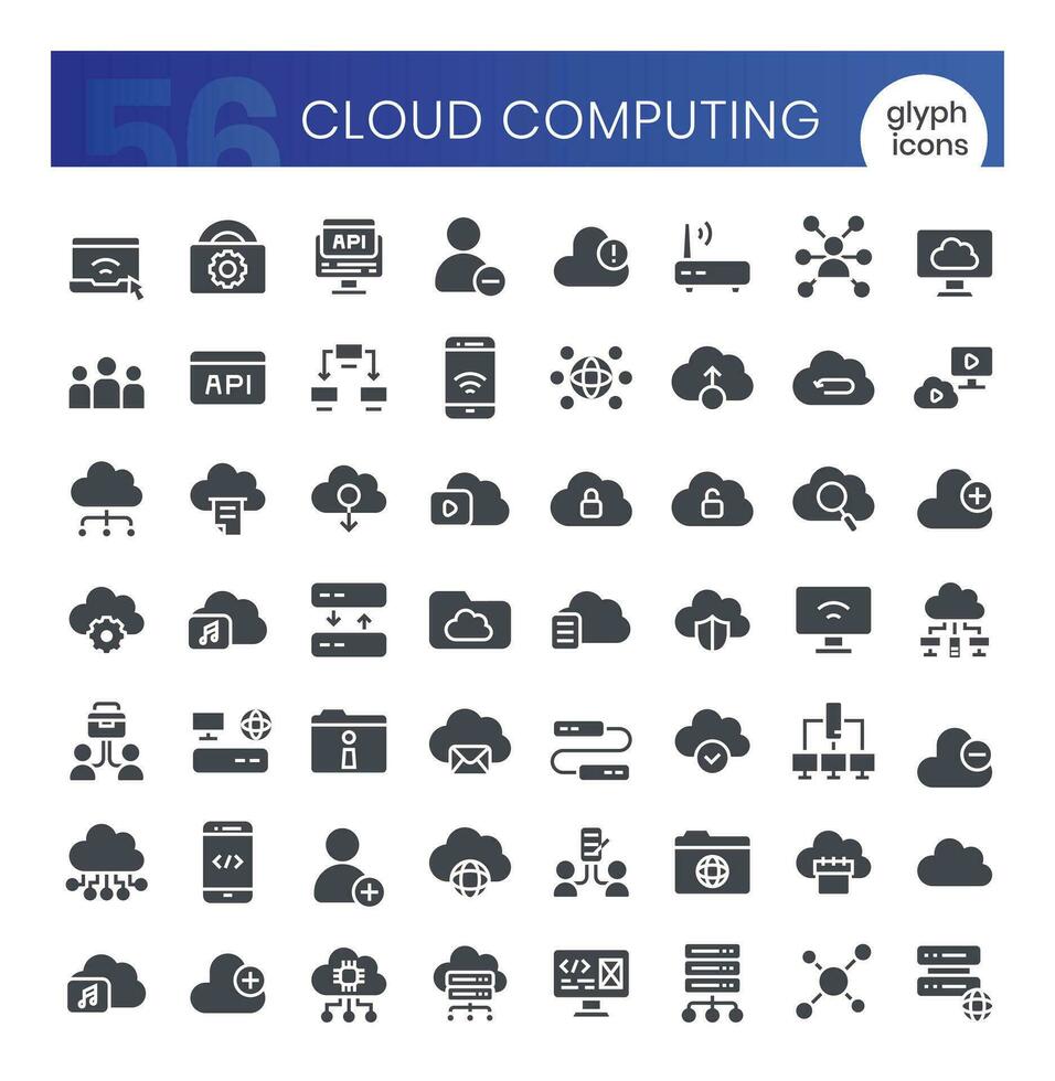 Cloud computing Icons Bundle. Glyph icons style. Vector illustration