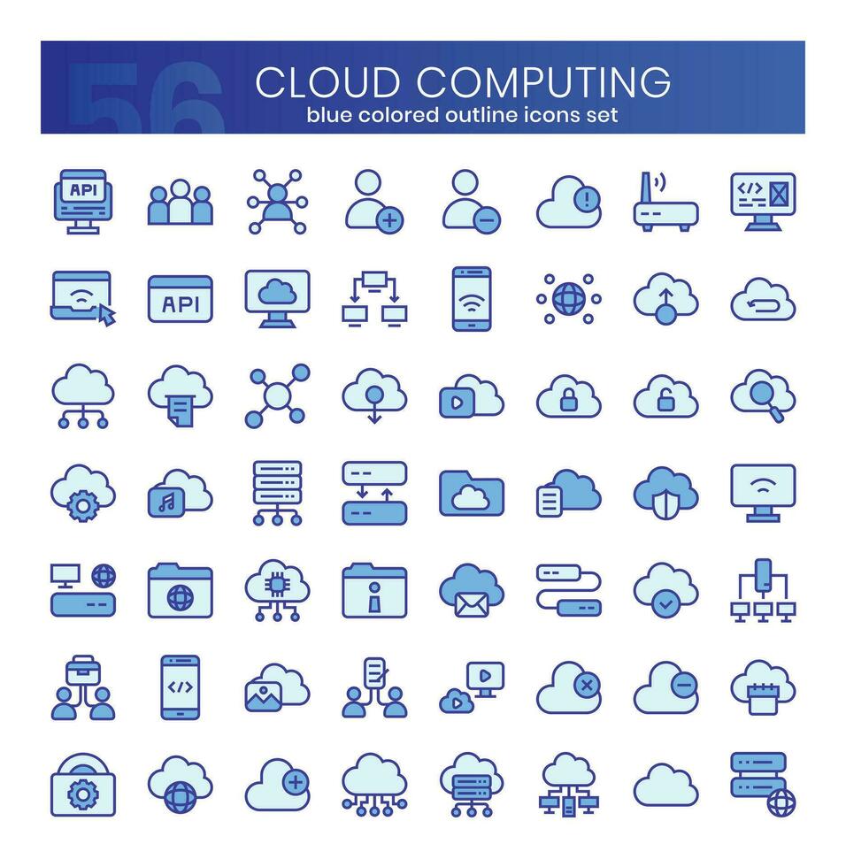 Cloud computing Icons Bundle. Blue colored outline icons style. Vector illustration