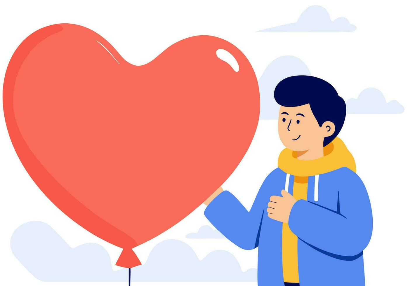 Young man with a red heart-shaped balloon, flat vector illustration.