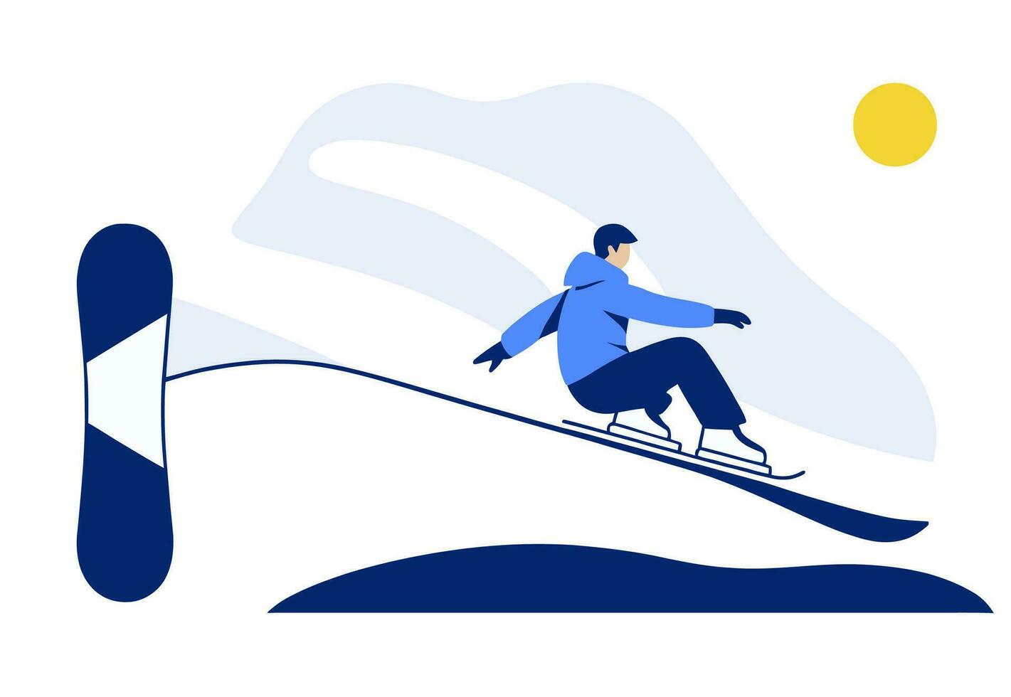 A man rides down the mountain on a snowboard. Vector illustration on the theme of snowboarding and other winter sports.