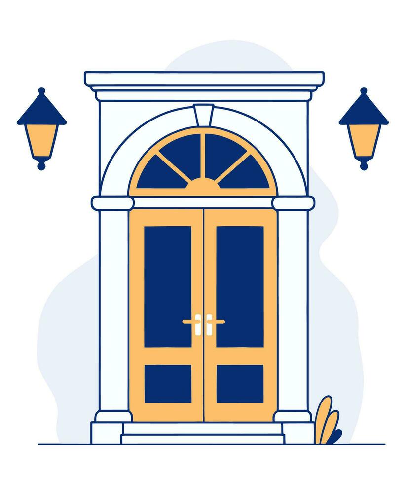 Beautiful entrance door with columns and lanterns. Flat vector illustration.