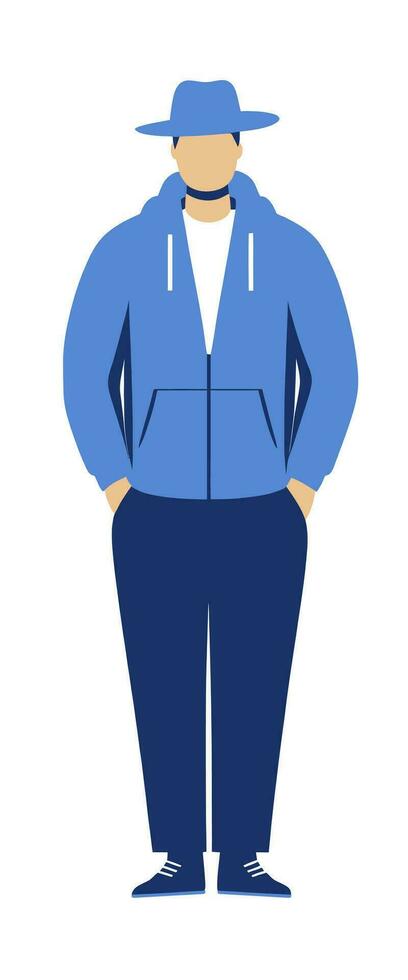 Man in a hat and tracksuit, flat vector illustration.