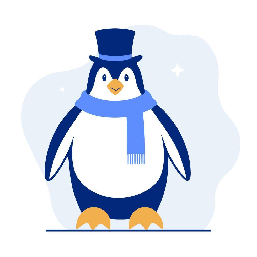 Penguin in a scarf and top hat, flat vector illustration.