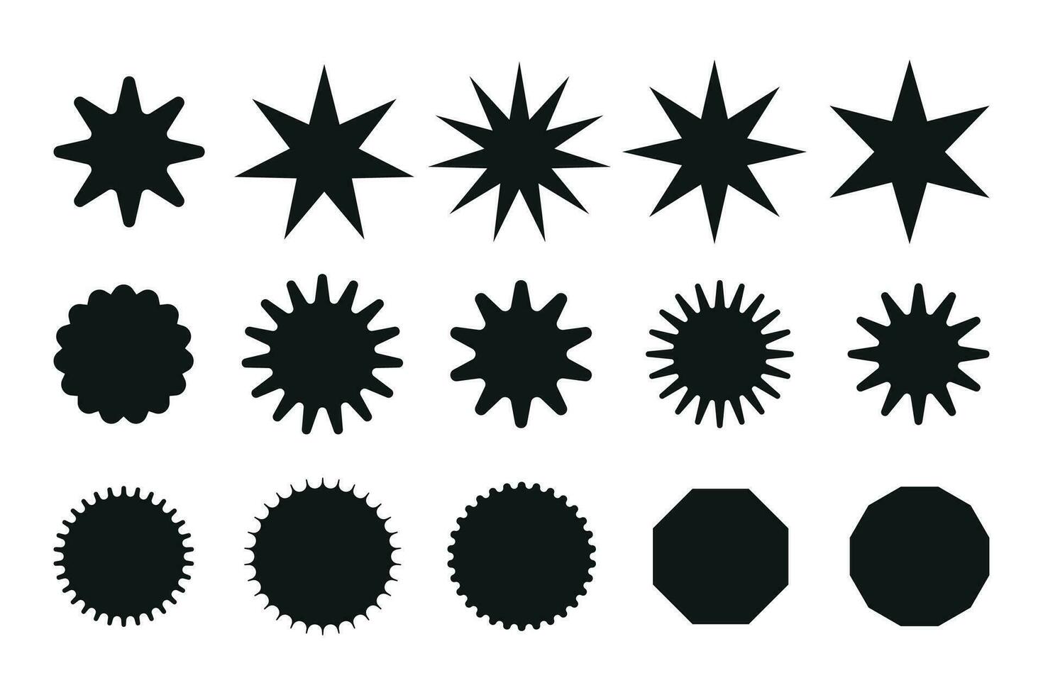 conjunto de Starburst precio pegatina, rebaja o descuento pegatina, rayos de sol insignias icono. estrellas forma con diferente número de rayos especial oferta precio etiqueta. Starburst promocional Insignia conjunto vector