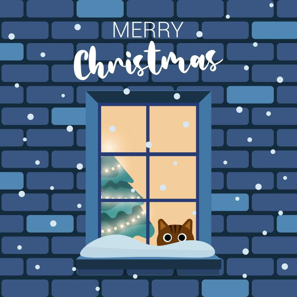 Christmas window in brick wall. Living room with christmas tree and decorations. The cat looks out the window at the snow.  Merry christmas holiday vector