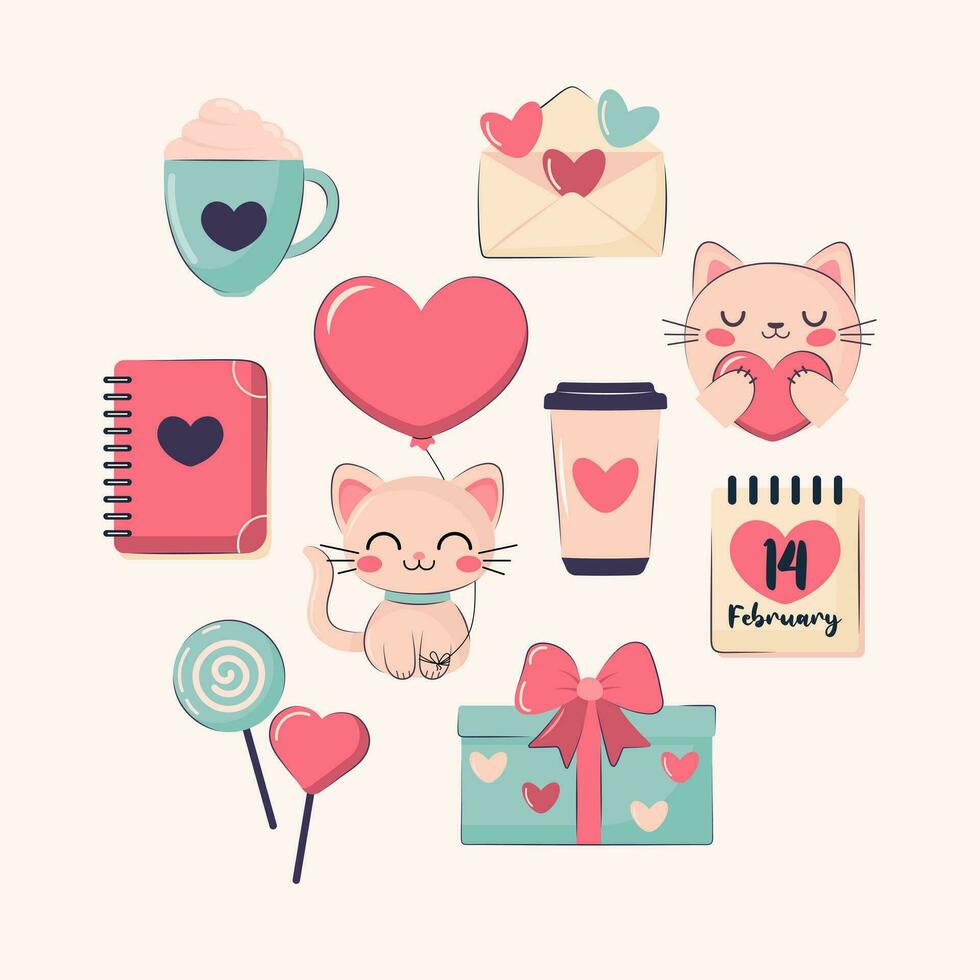 Valentine's day set with cute cats, hearts and other elements. Wedding, romantic and love concept. A set of cute stickers for Valentine's Day vector