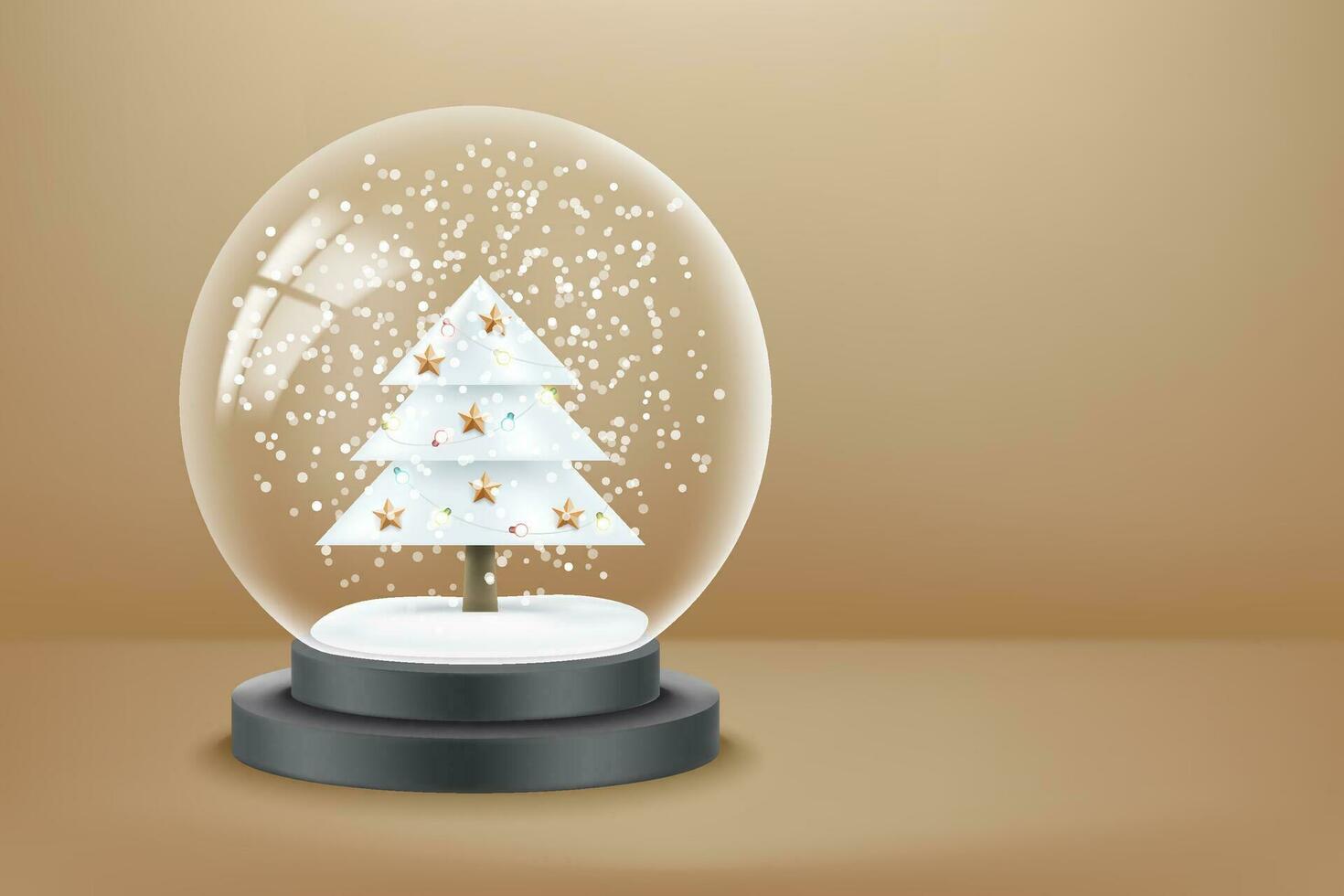 Glass snowball with snow and christmas tree. 3d vector banner with copy space