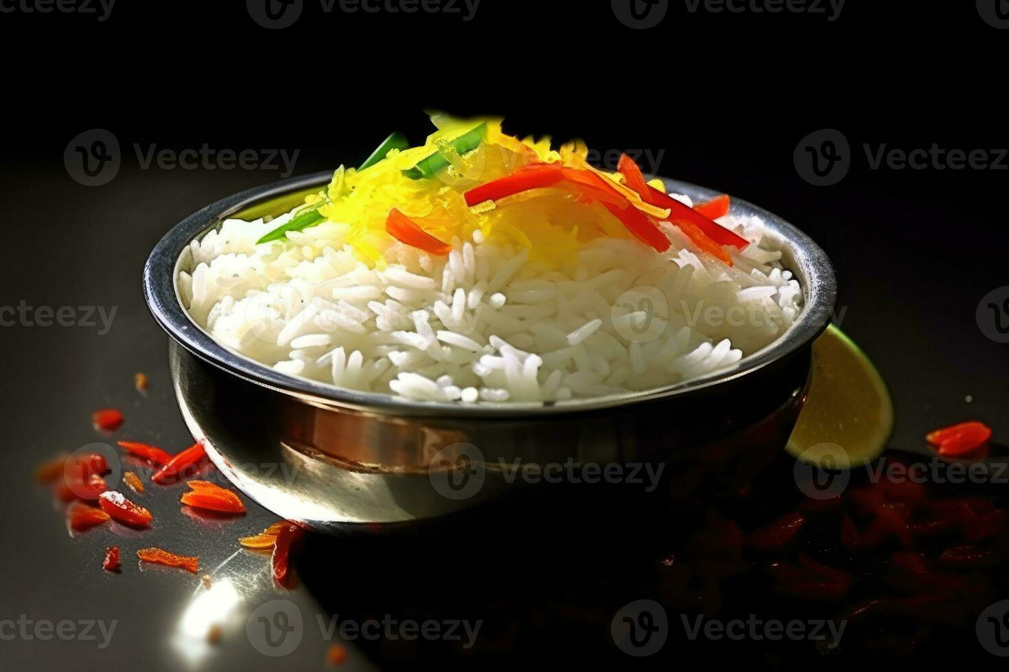 AI generated A plate full of rice with colorful peppers and fresh lemon wedges as a garnish photo