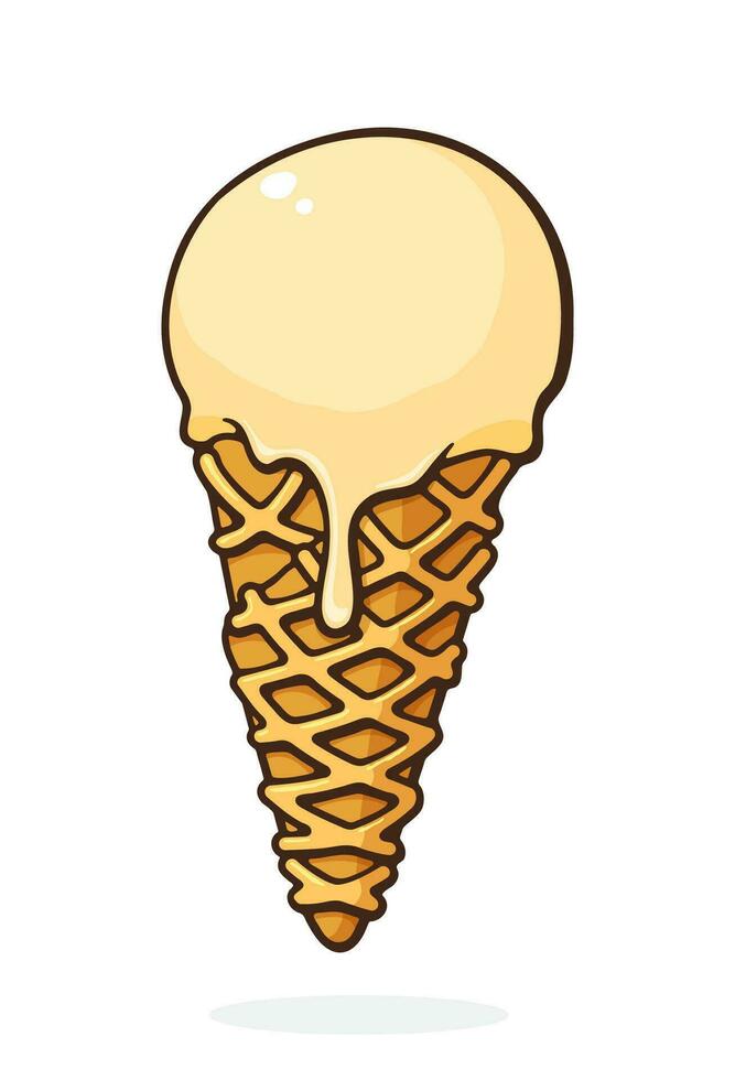 Scoop of vanilla ice cream in a waffle cone. Vector illustration. Hand Drawn Cartoon illustration with outline. Design element isolated on white background