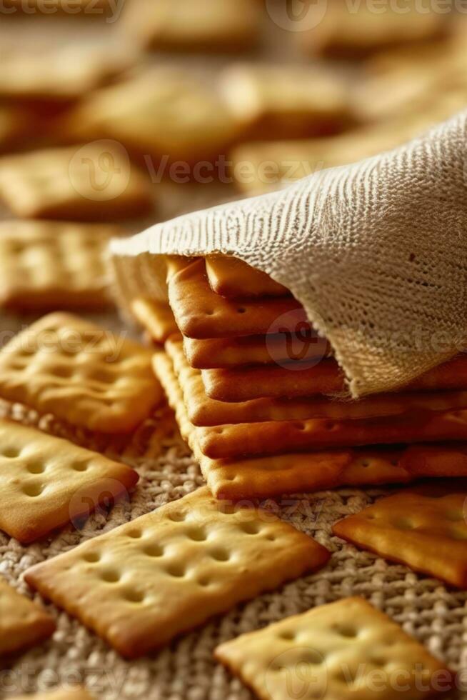 AI generated Various cracker stacks neatly arranged on a table photo