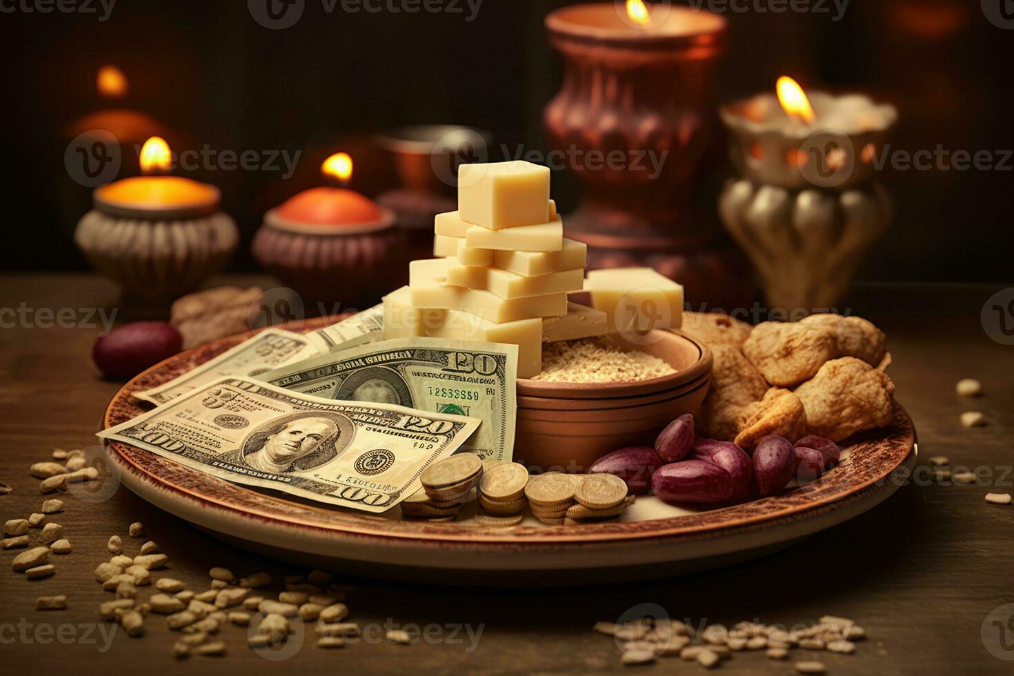 AI generated a wooden tray filled with various food items, including a stack of money, ingots, and nuts, arranged neatly on the plate. photo