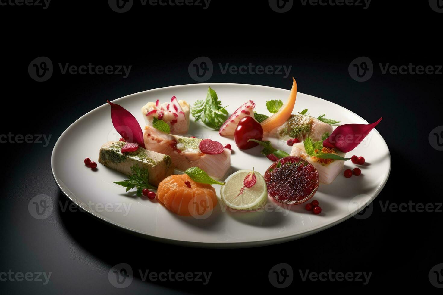 AI generated Artful Display of Nine Colorful Fruits and Vegetables on a Plate photo