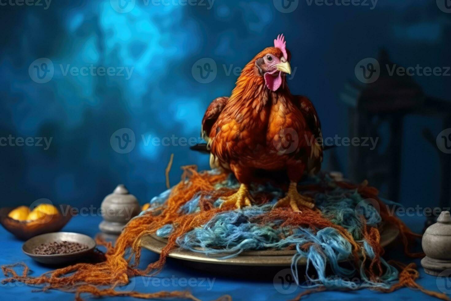 AI generated A Rooster on a Plate, surrounded by Colorful Fabric photo