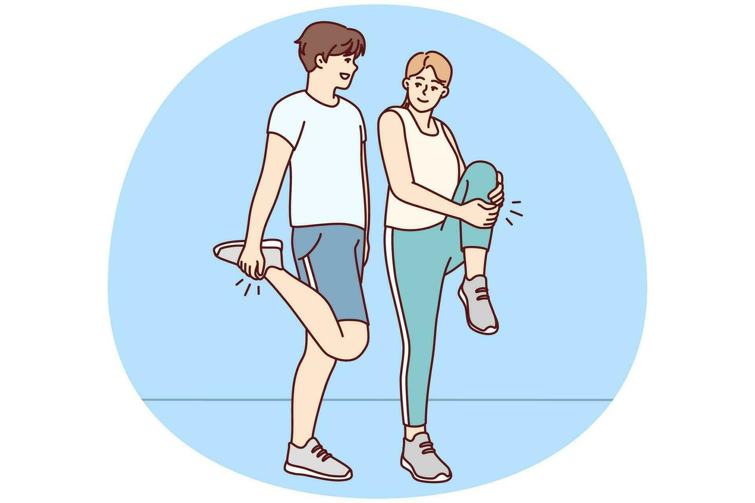 Happy couple in sportswear training together outdoors. Smiling man and woman have fun doing sport or workout. Physical activity. Vector illustration.