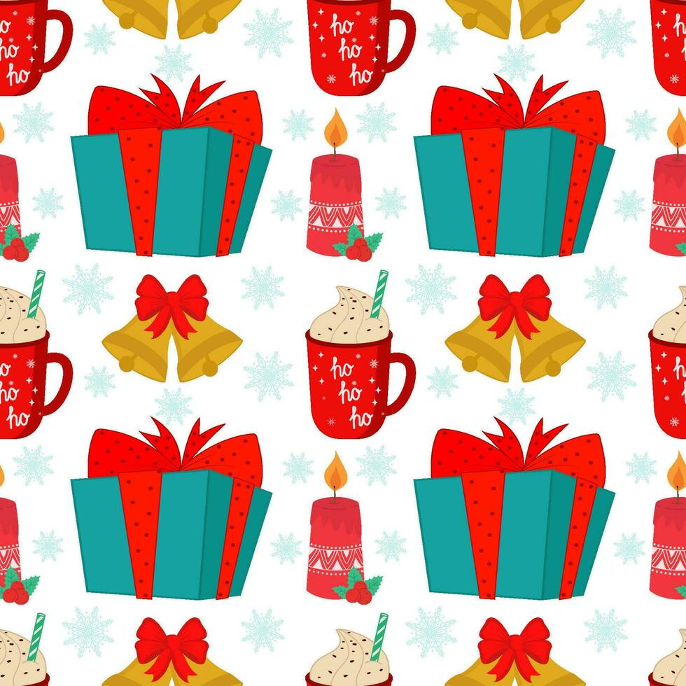 Vector illustration of a seamless Christmas background with elements of parties and celebrations, such as a gift, a bell, a candle and a coffee mug. Stock illustration. New Year's pattern.