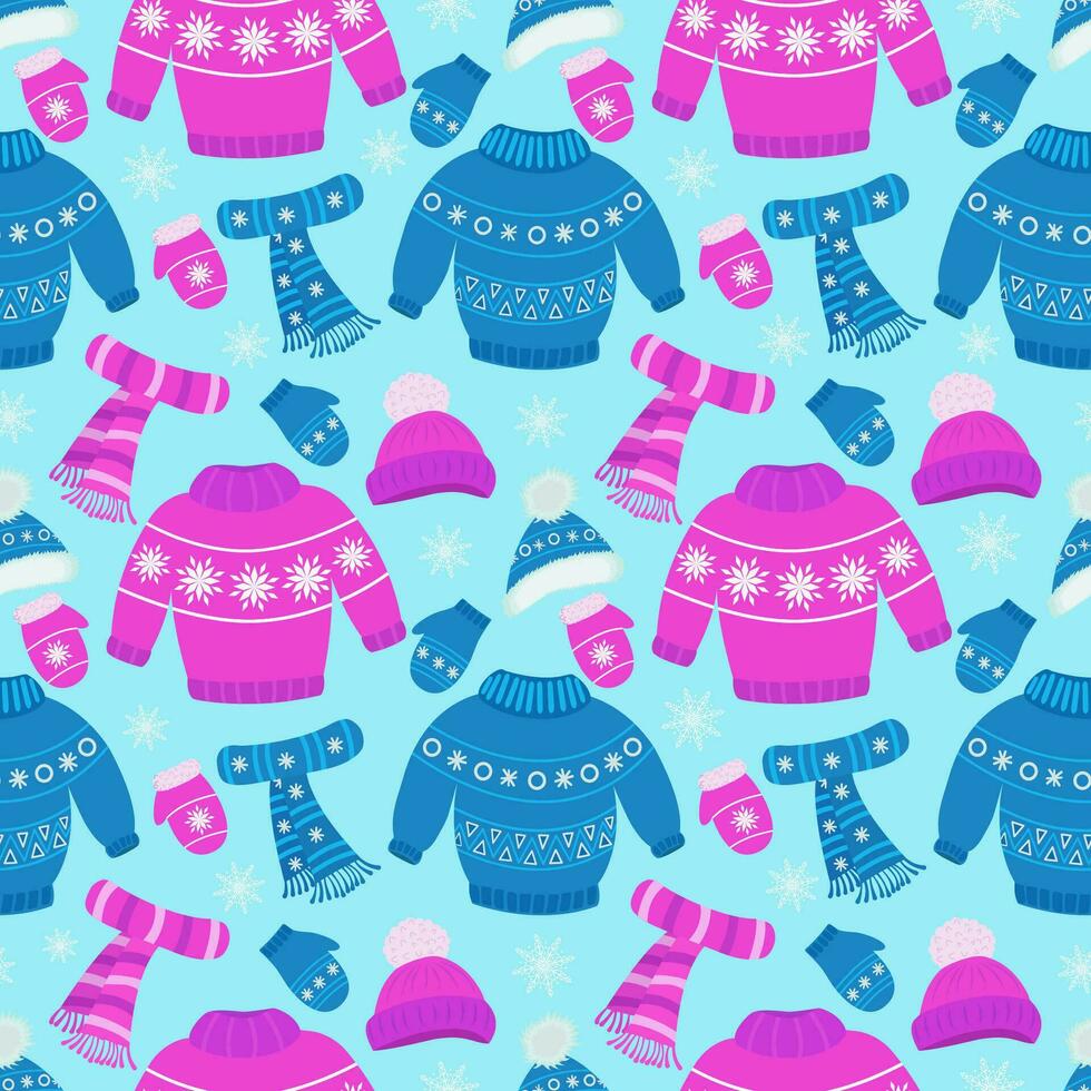 Vector pattern with winter clothes. Children's warm winter clothes for walking. Knitted hat, scarf, sweater and gloves with jacquard pattern and pom poms. Vector set of pink color.