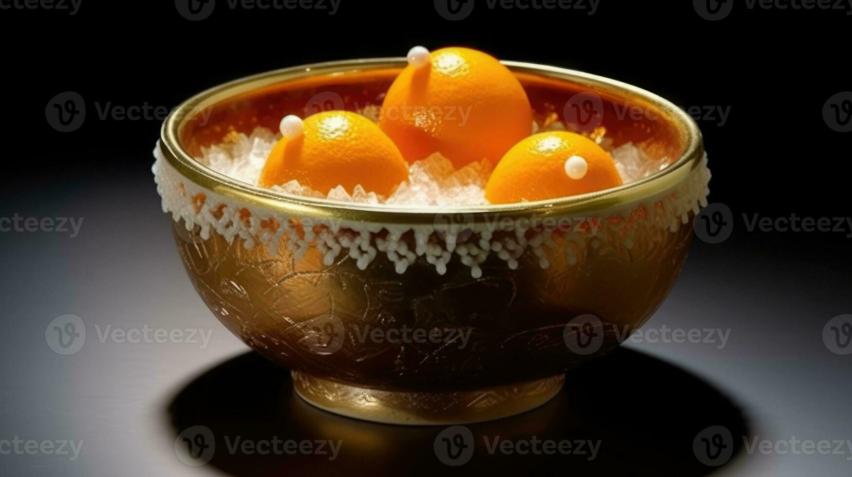 ai generado Fresco naranjas desplegado en un decorativo oro cuenco foto