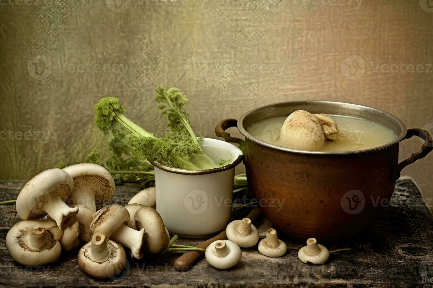 AI generated A delicious mushroom soup featuring fresh broccoli and other vegetables photo