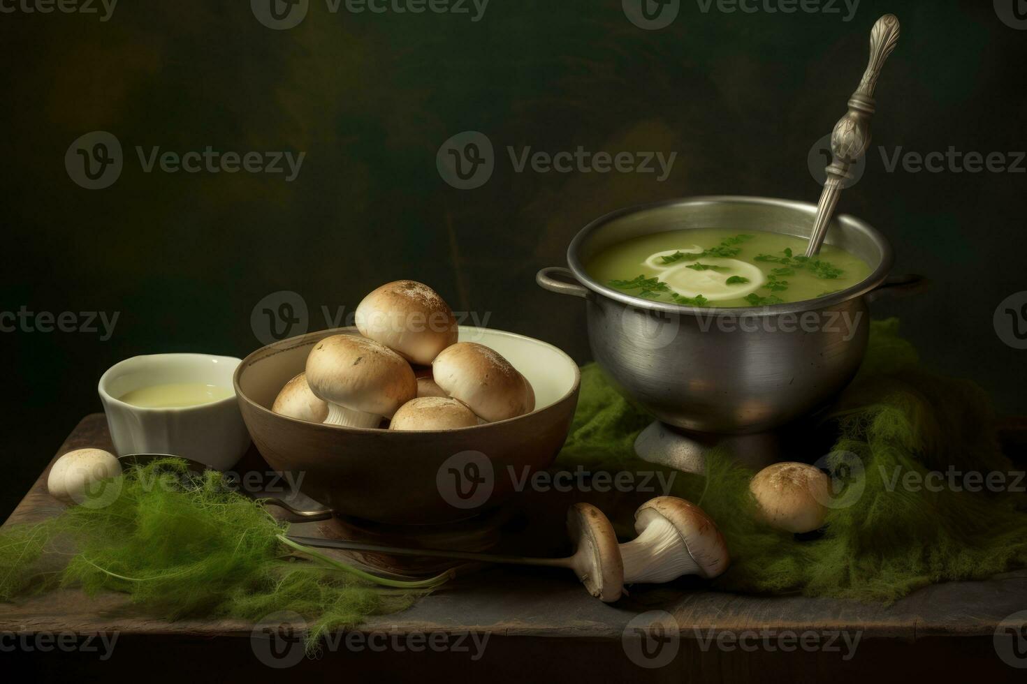 AI generated A delicious bowl of mushrooms on a wooden table photo