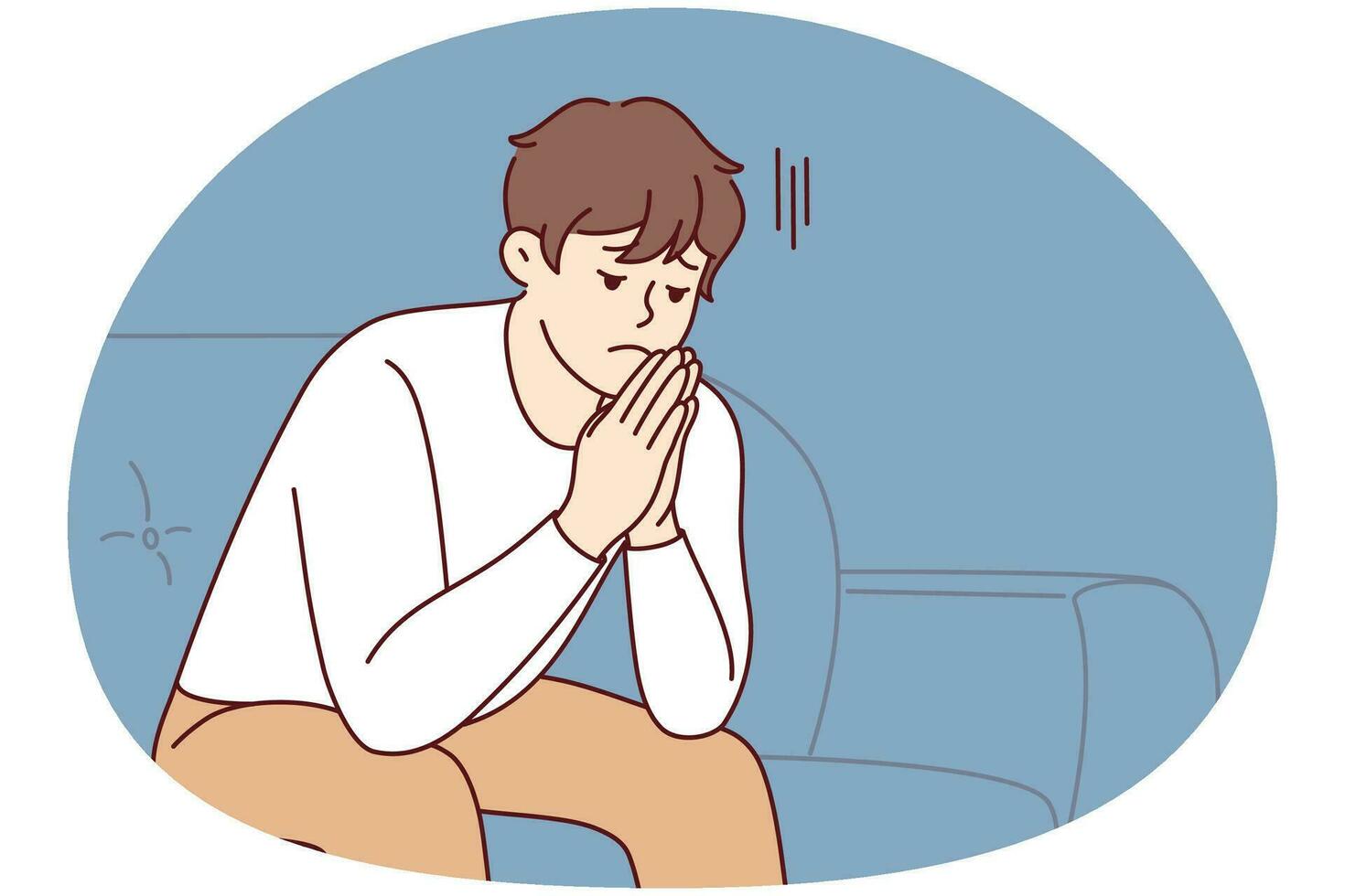 Unhappy young man sit on sofa thinking worrying about life problem. Upset stressed male on couch at home distressed and broken. Vector illustration.