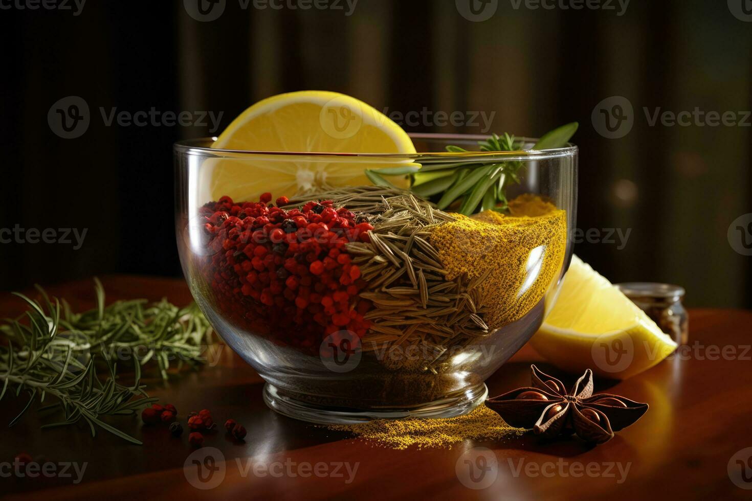 AI generated A Variety of Herbs and Spices in a Glass Bowl on a Wooden Table photo