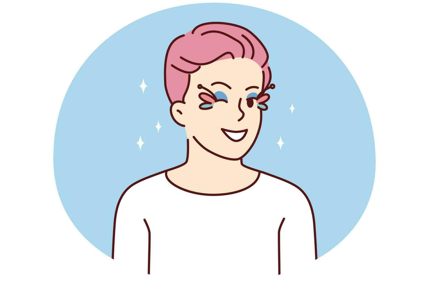 hombre homosexual con cabello rosado y maquillaje de ojos guiñando un ojo a la cámara. chico gay sonriente con maquillaje facial sintiéndose optimista y alegre. ilustración vectorial vector