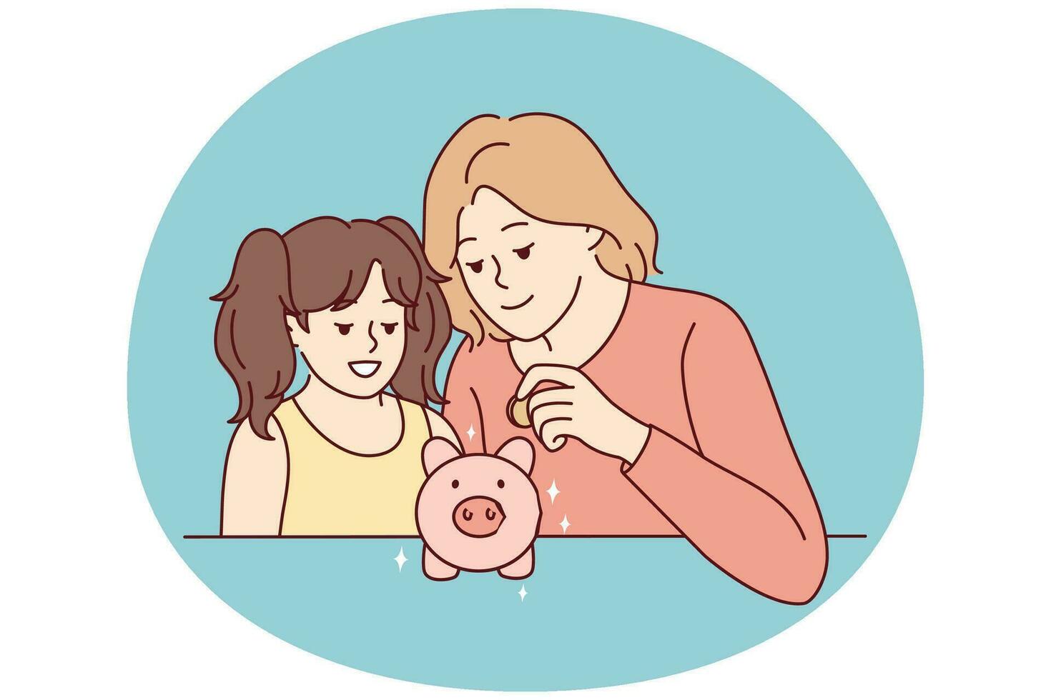 madre e hija ahorrando dinero en alcancía. mamá y niña ponen moneda en la alcancía hacen una inversión financiera para el futuro. bancario. ilustración vectorial vector