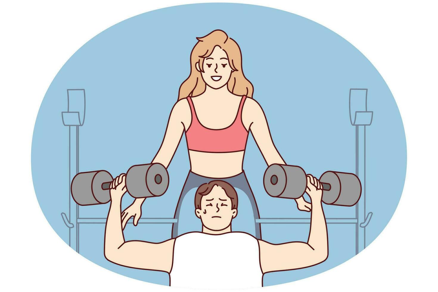 Female trainer help male client workout in gym. Woman athlete or coach train with customer with barbells in sport center. Vector illustration.