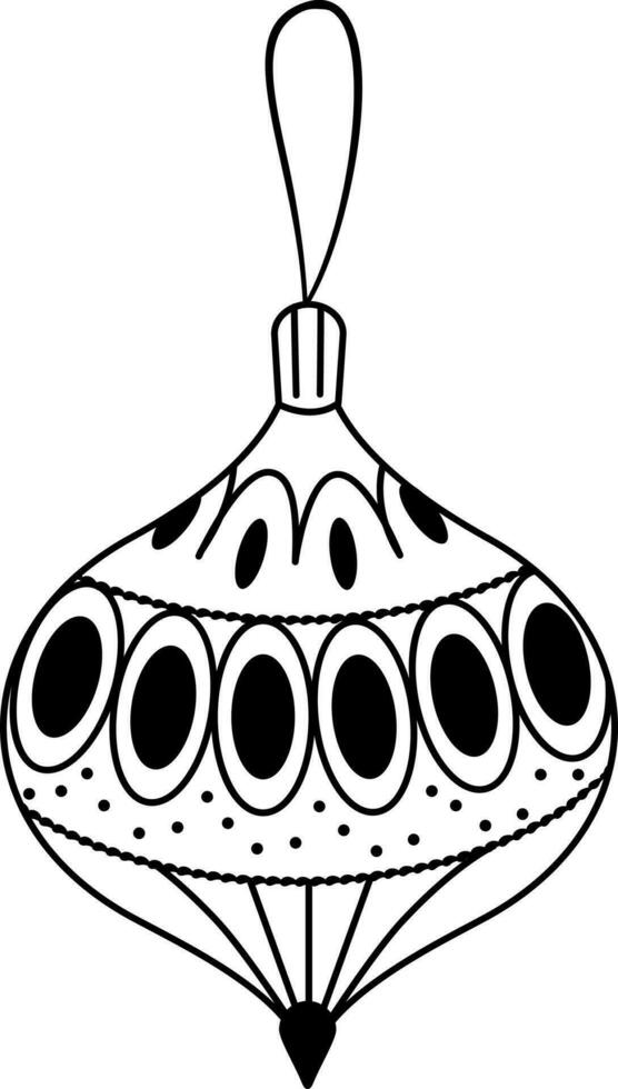 Vector illustration of a Christmas toy on a Christmas tree. Black and white illustration. Festive illustration with a Christmas tree toy with a beautiful pattern.  Vector black and white graphics.