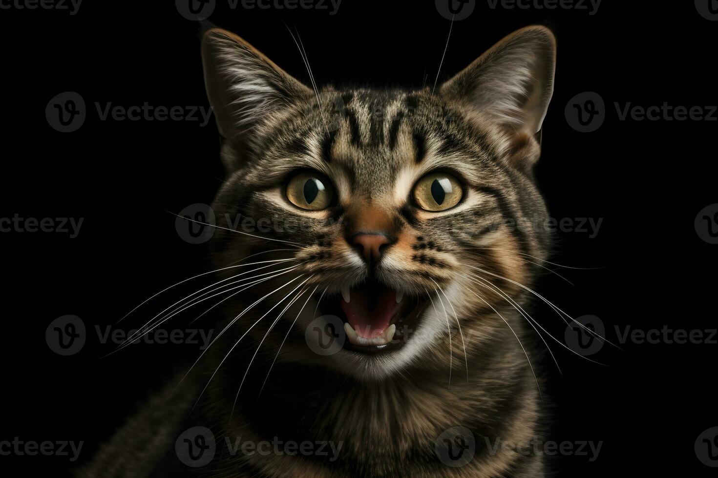 AI generated Portrait of a meowing tabby cat. Neural network AI generated photo